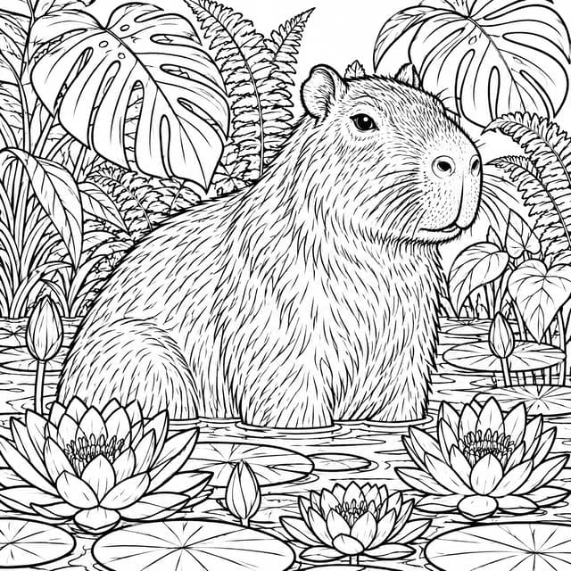 Intricate Capybara in Botanical Garden Coloring Page