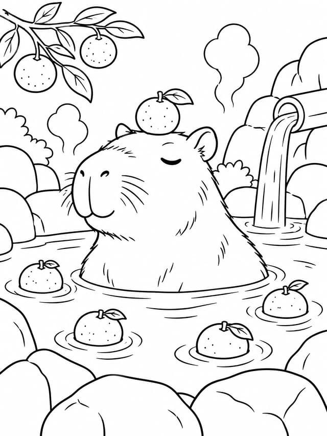 Capybara Onsen with Yuzu Fruits Coloring Page