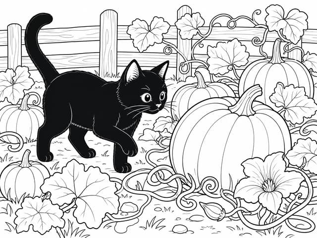 Halloween Katze im Kürbisfeld Malvorlage