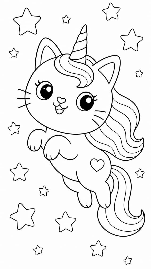 Ausmalbild Einhorn-Katze mit Sternen