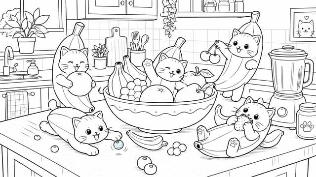 Ausmalbild Bananen-Katzen in der Küche