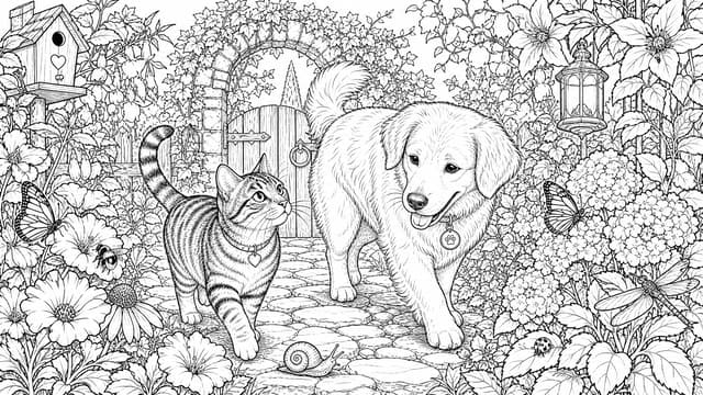 Detailliertes Ausmalbild Katze und Hund im Garten