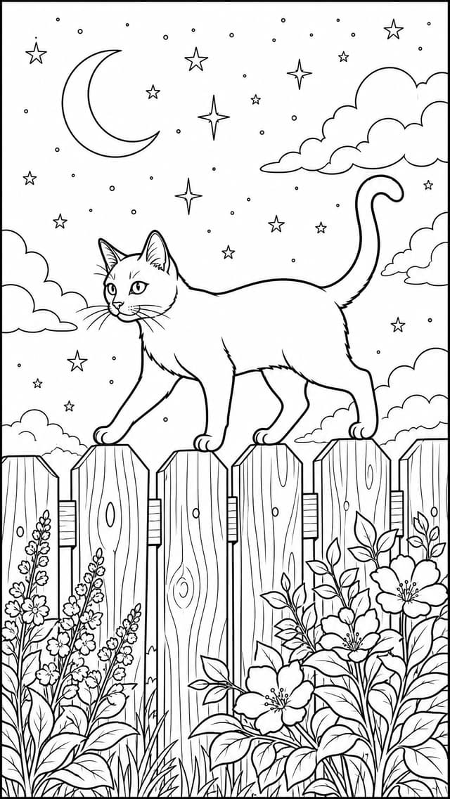 Ausmalbild Katze auf dem Zaun