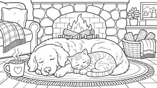 Ausmalbild Katze und Hund im gemütlichen Zimmer
