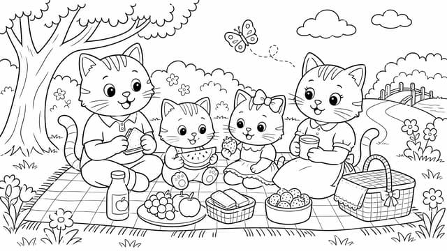 Ausmalbild Katzenfamilie beim Picknick