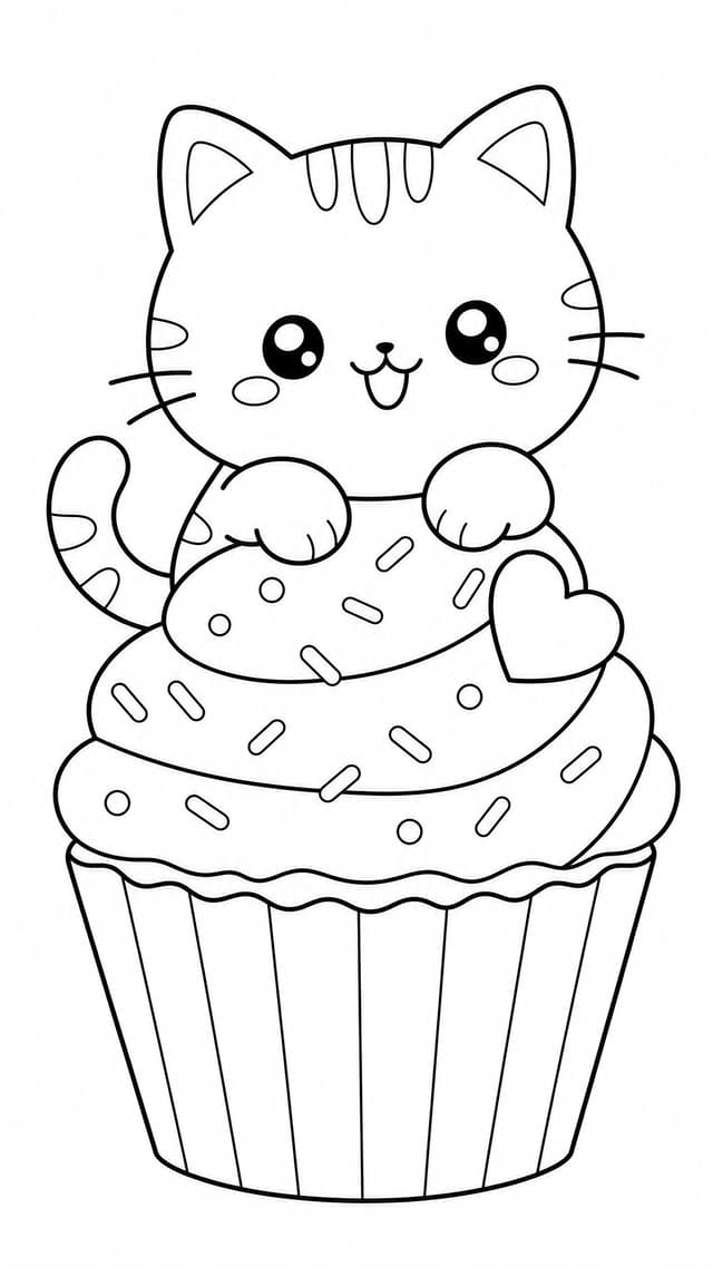Kawaii Ausmalbild Katze im Cupcake
