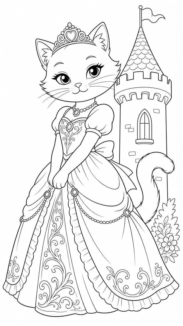 Ausmalbild Prinzessin-Katze mit Schloss