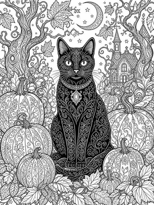 Detailliertes Ausmalbild schwarze Katze zu Halloween