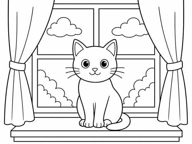 Ausmalbild Katze am Fenster