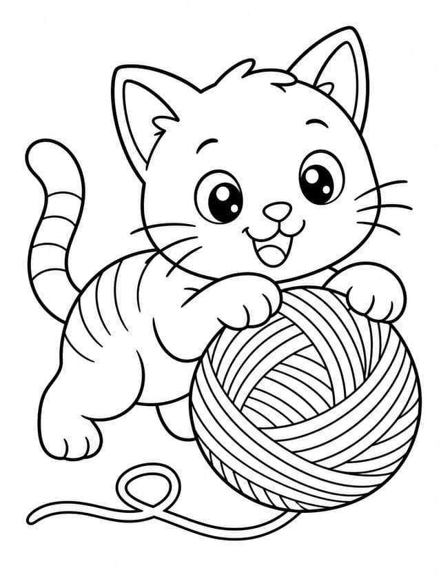 Ausmalbild Katze mit Wollknäuel