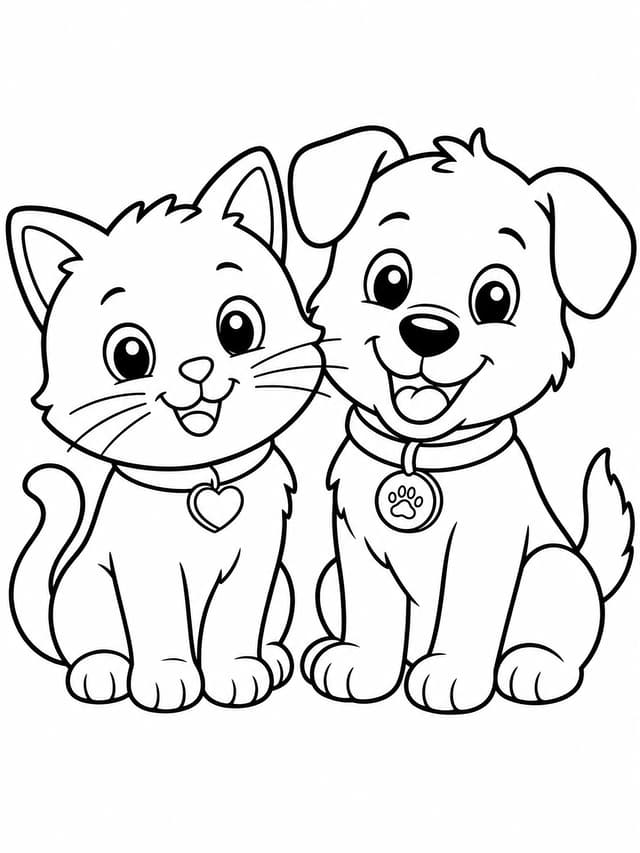 Ausmalbild süße Katze und Hund