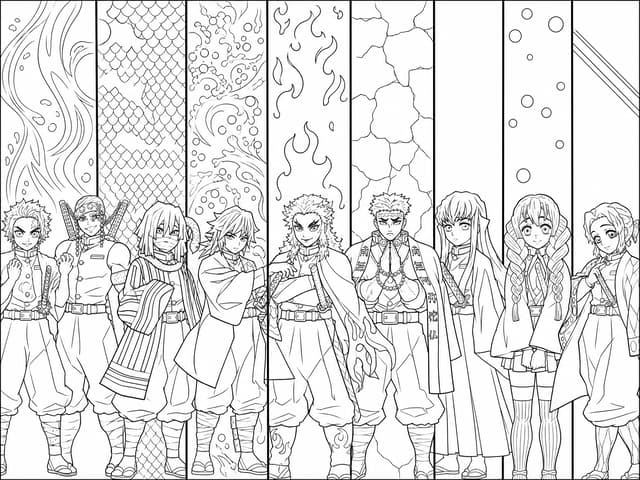 All Nine Hashira Demon Slayer Group Coloring Page