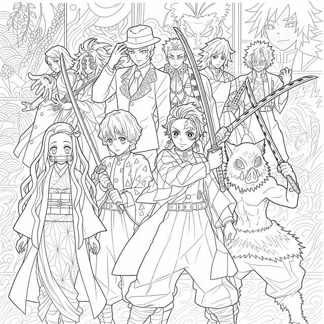 Demon Slayer Main Characters Group Coloring Page