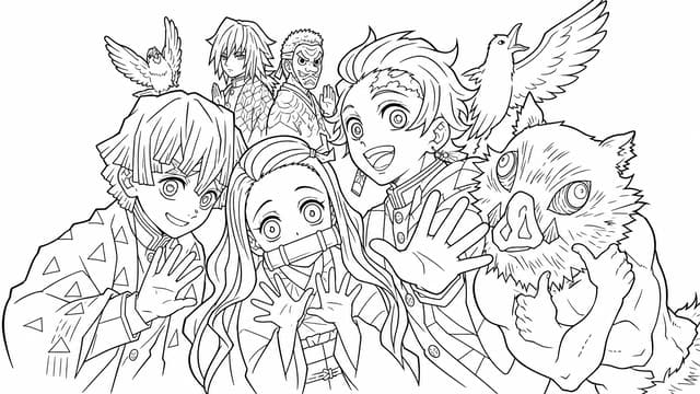 Demon Slayer Protagonists Team Coloring Page