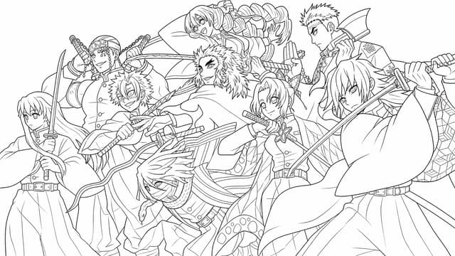 Tanjiro And Friends Together Coloring Page