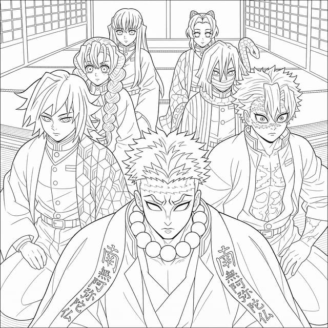 Hashira Group Portrait Kimetsu No Yaiba Coloring Page