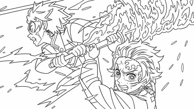 Tanjiro Demon Slayer Action Flame Effect Coloring Page