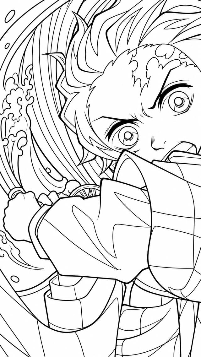Tanjiro Kamado with katana in action coloring page