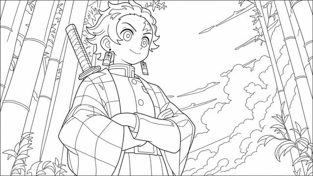 Tanjiro Kamado Checkered Haori Holding Sword Coloring Page