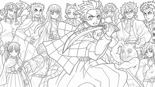 Tanjiro Demon Slayer Group Coloring Page