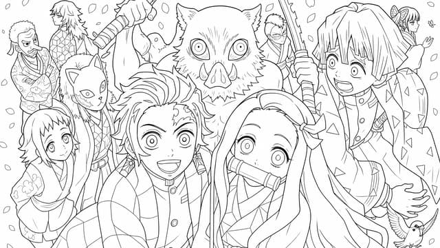 Tanjiro Nezuko Zenitsu Inosuke Together Coloring Page