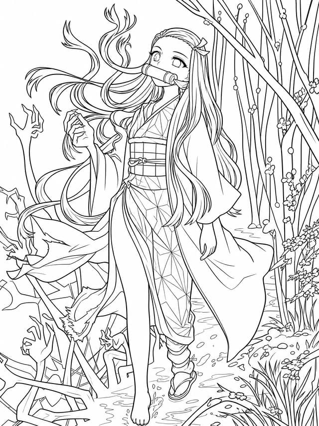 Nezuko Kamado Pink Eyes Demon Mark Coloring Page