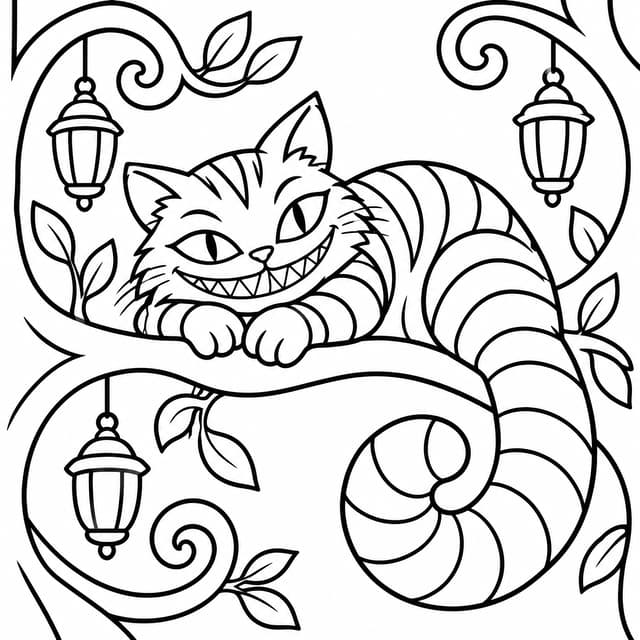 Grinning Striped Cat in Whimsical Tree Coloring Page
