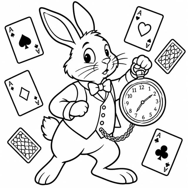 White Rabbit and Magic Playing Cards Coloring Page