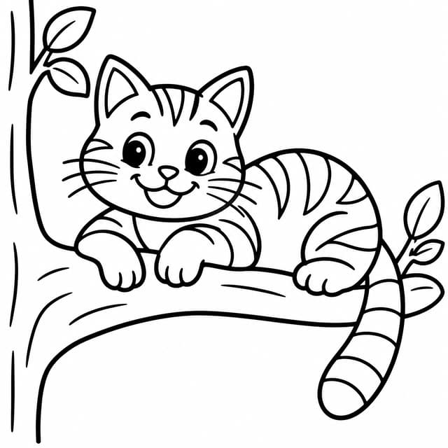 Grinning Striped Cat in a Tree Coloring Page