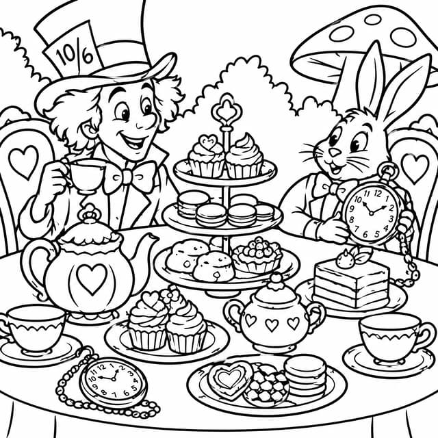 Wonderland Mad Tea Party Table Coloring Page