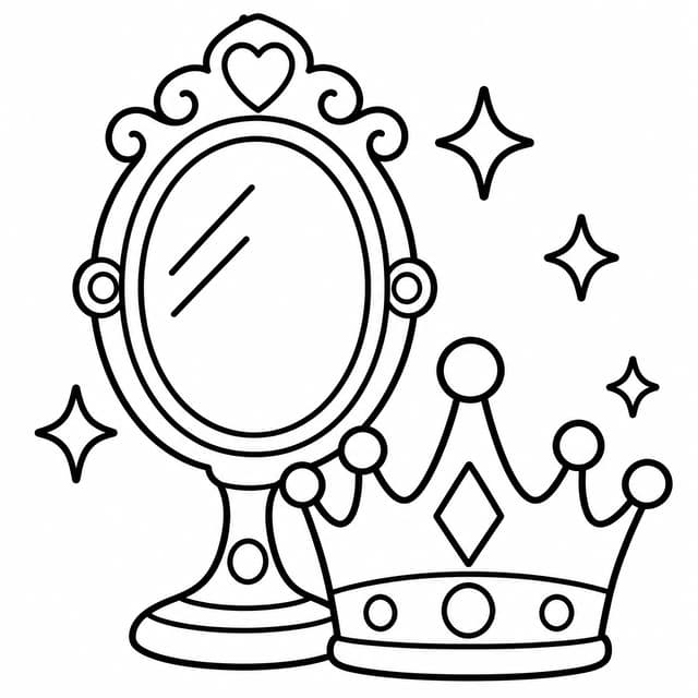 Enchanted Mirror and Crown Coloring Page