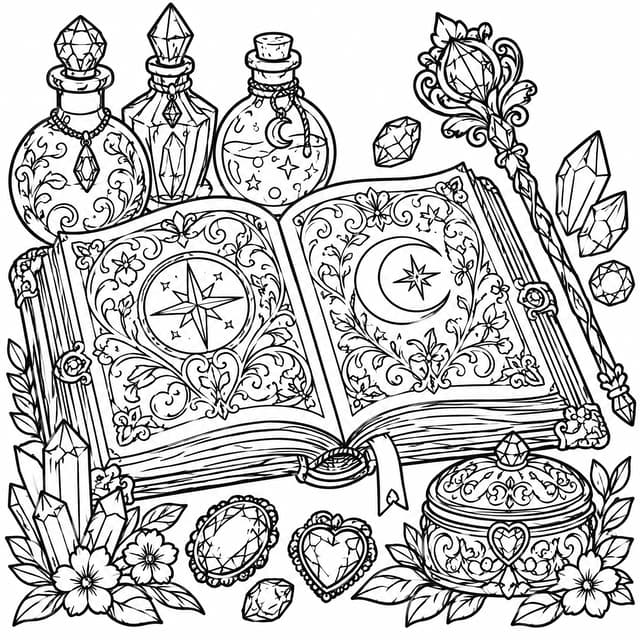 Magic Spellbook and Fairy Godmother Wand Still Life Coloring Page