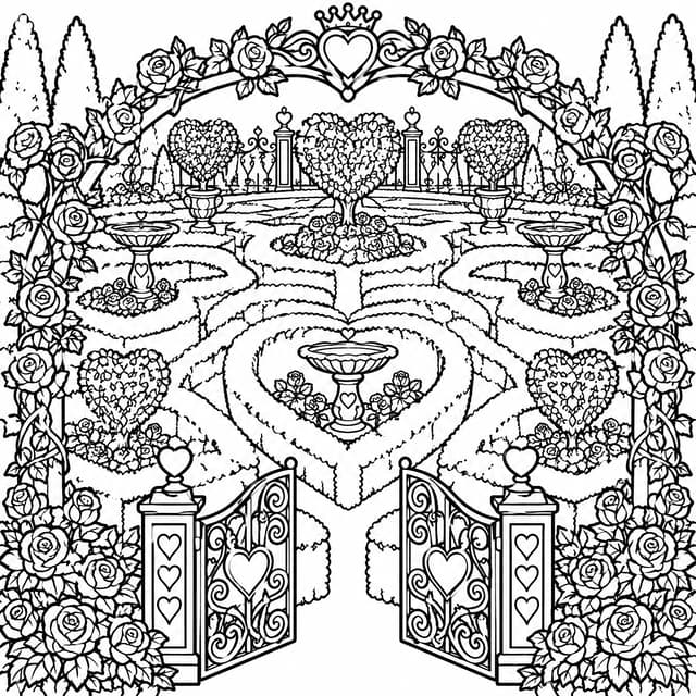 Heart Queen Rose Garden Labyrinth Coloring Page