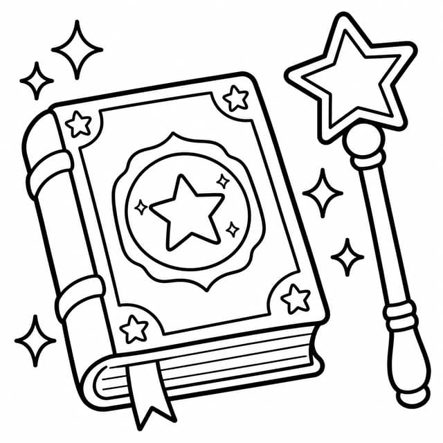 Magic Spellbook and Wand Coloring Page