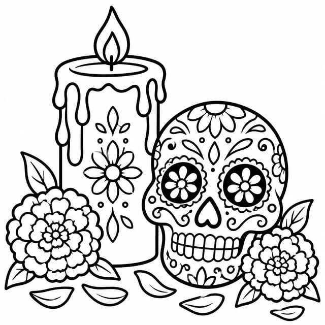 Kolorowanka do druku ozdobna świeca i calavera