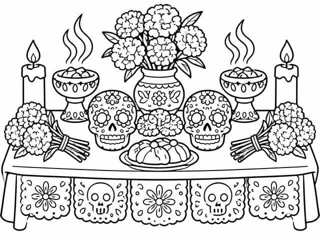 Udekorowany stół ofrenda Dzień Zmarłych kolorowanka do druku