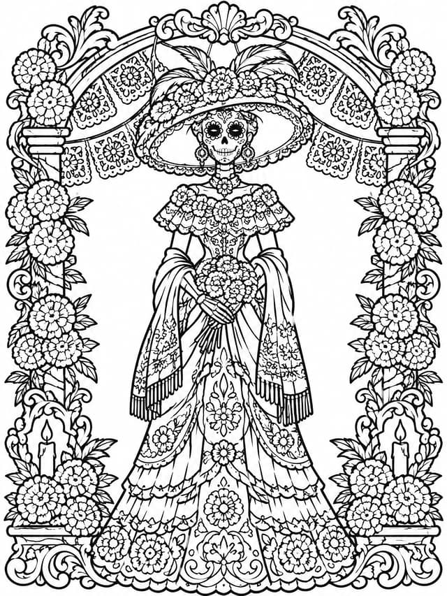 Barokowa La Catrina w kwietnym łuku kolorowanka do druku
