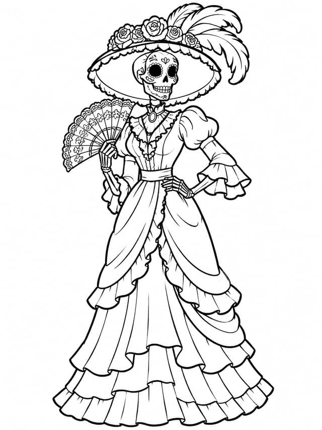 La Catrina w wiktoriańskiej sukni - kolorowanka do druku na Dzień Zmarłych