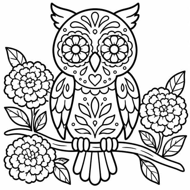Sowa calavera na gałązce aksamitek - kolorowanka do druku