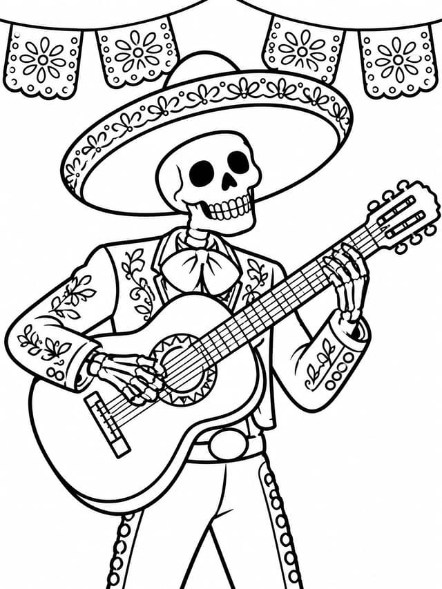 Dzień Zmarłych Muzyk Mariachi Calavera Kolorowanka do Druku