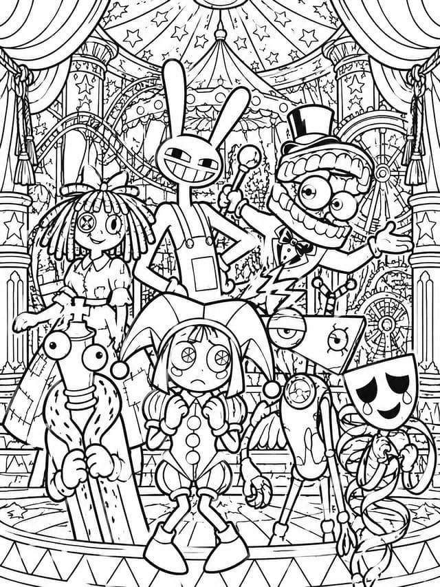 Intricate Digital Circus Group Ensemble Coloring Page