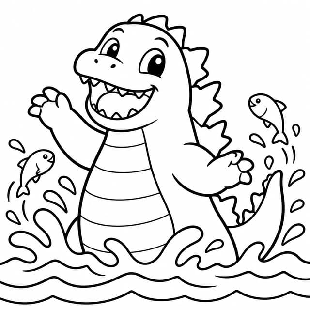 Happy Godzilla Splashing in Water Coloring Page
