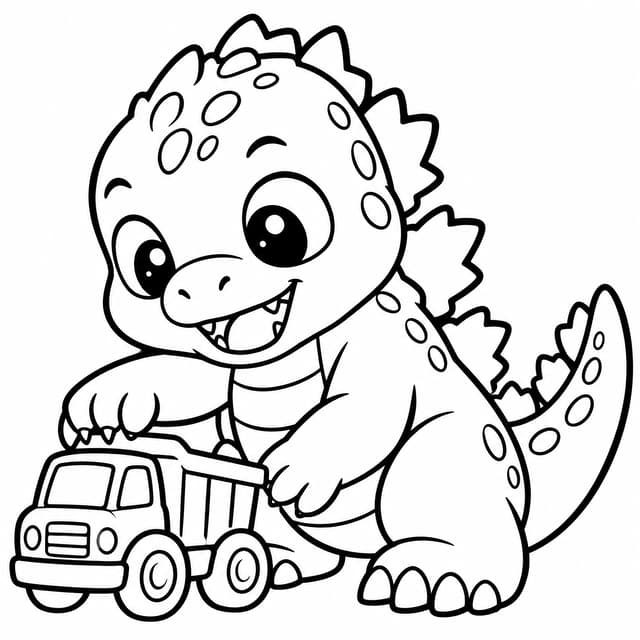 Baby Godzilla with Toy Truck Coloring Page