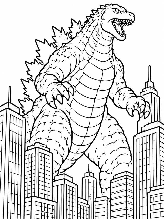 Godzilla Roaring in Downtown City Coloring Page