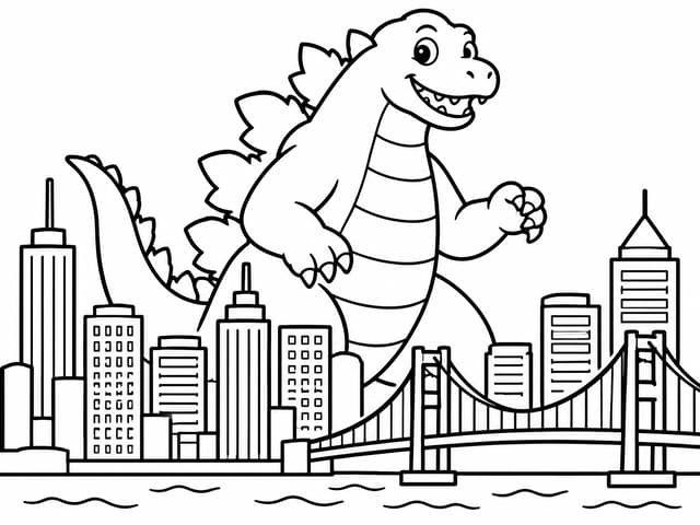 Simple Godzilla City Skyline Coloring Page