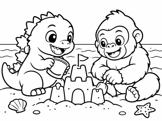 Baby Godzilla and Kong Beach Day Coloring Page