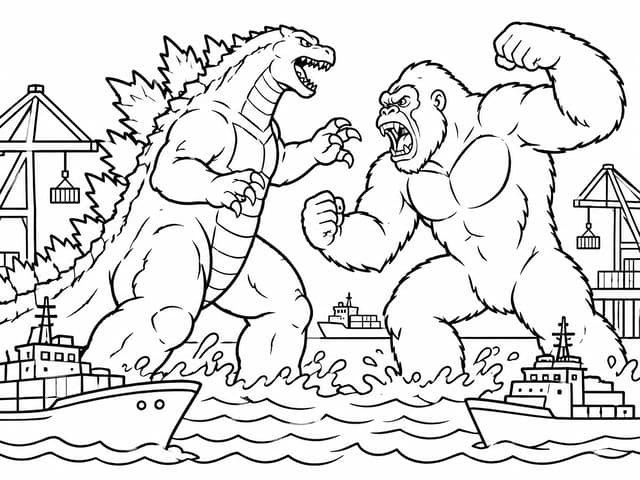 Godzilla vs King Kong Harbor Battle Coloring Page