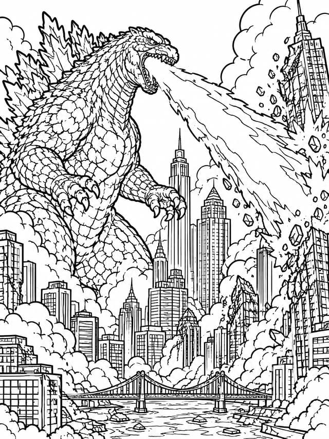 Godzilla Atomic Breath Cityscape Coloring Page