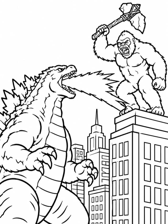 Godzilla and Kong City Confrontation Coloring Page