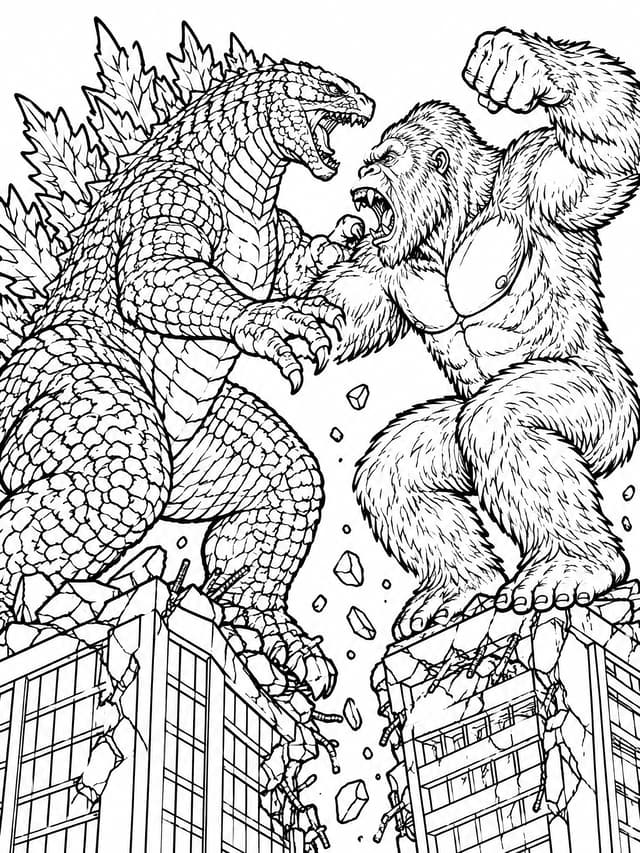 Ultimate Godzilla vs King Kong Rooftop Clash Coloring Page